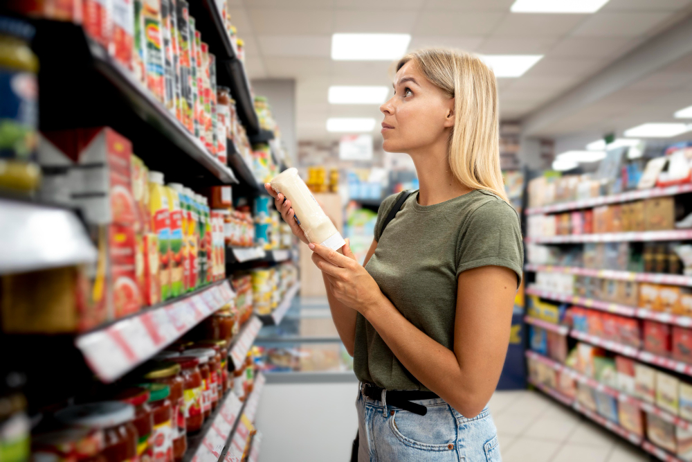 mujer siendo atraída por el material POP en el supermercado